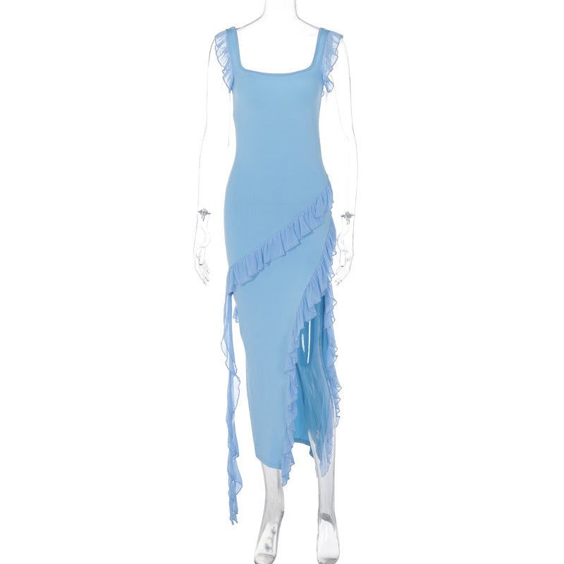 European and American Style Cross-Border Women's Clothing Summer and Autumn New Fashion Sexy Wooden Ear Stitching Temperament Split Dress