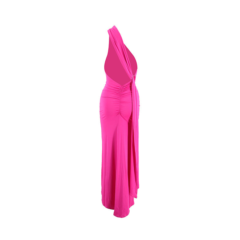 LOVECCR 2025 style women's clothing Hot summer new product slanted shoulder sexy slim backless pleated hollow strap long dress