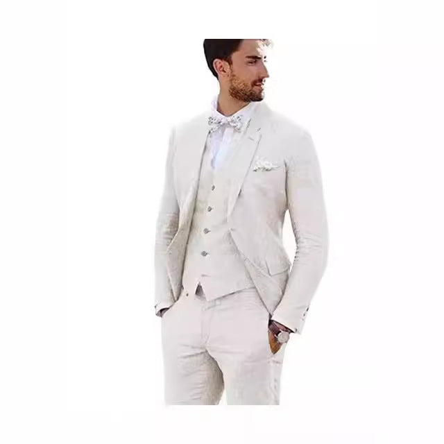 LOVECCR Men's Linen Slim Fit Suit Wedding Western Slim Fit 3 Piece Set Groom Swallowtail Best Men's Prom Suit