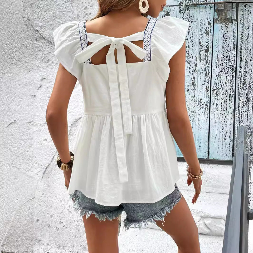 2025 New women's clothing summer new embroidered lace-up square collar flying sleeves ruffle edge top women