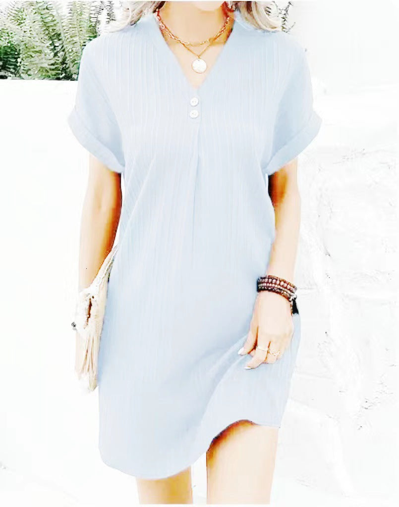 LOVECCR Cross-Border European and American Women's Clothing New Hot Sale V-neck Solid Color Pullover Leisure Button Dress in Stock