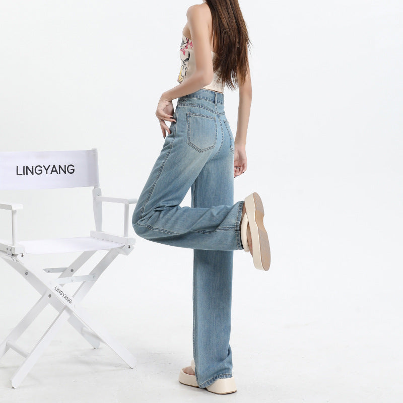 Light Color High Quality Retro Lyocell Jeans Women's Summer Thin High Waist Drooping Mop Loose Ice Silk Straight-Leg Pants
