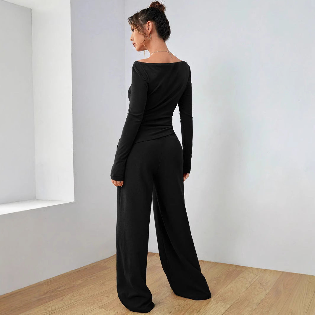 2025 autumn and winter New suit solid color long-sleeved casual wide-leg trousers fashion two-piece women's clothing