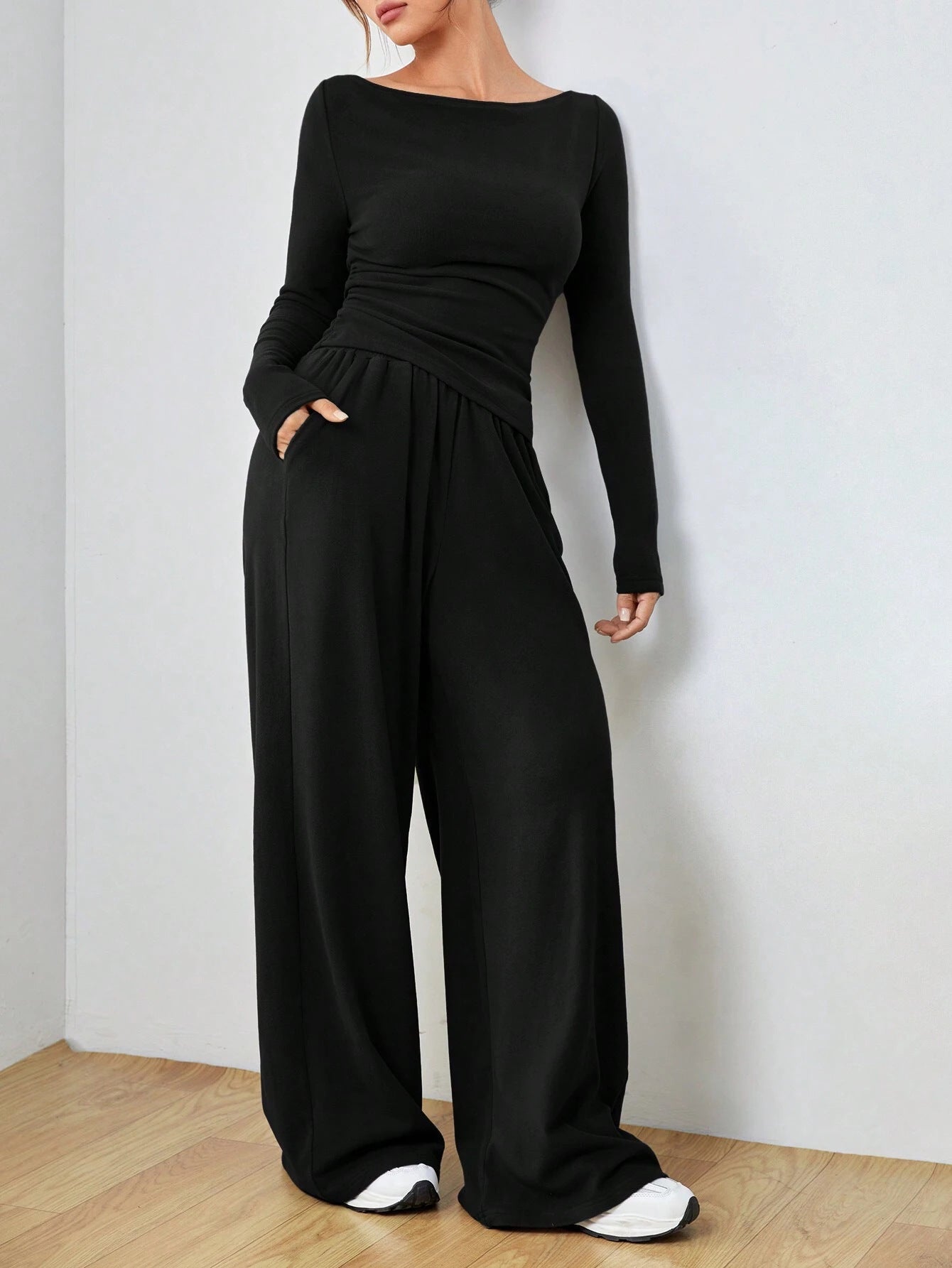 2025 autumn and winter New suit solid color long-sleeved casual wide-leg trousers fashion two-piece women's clothing