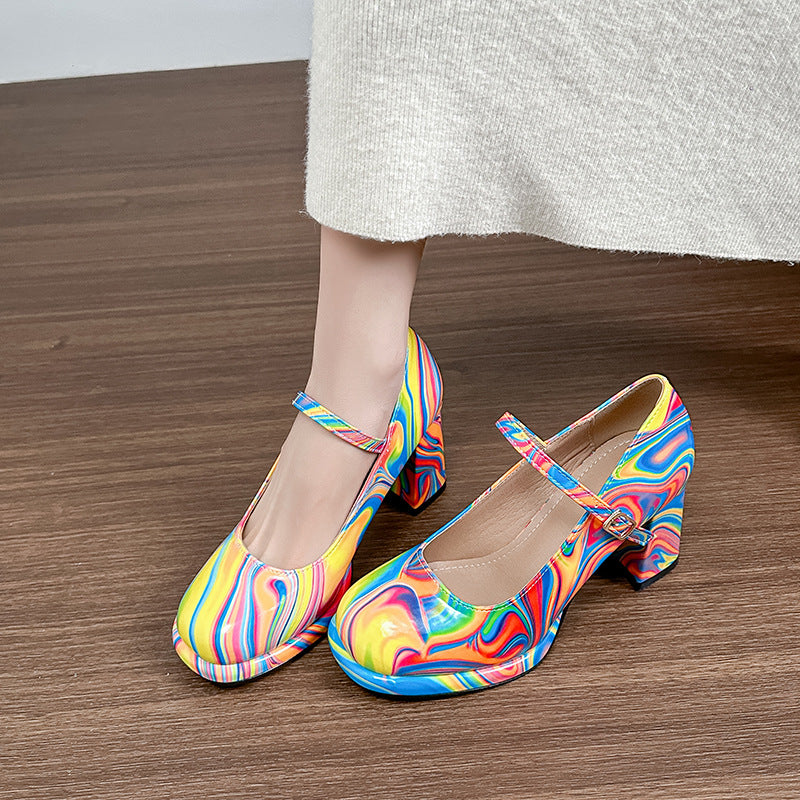 2025 2025 style round head high heels women's 2025 summer new one-word buckle with waterproof table thick heel temperament large size sandals