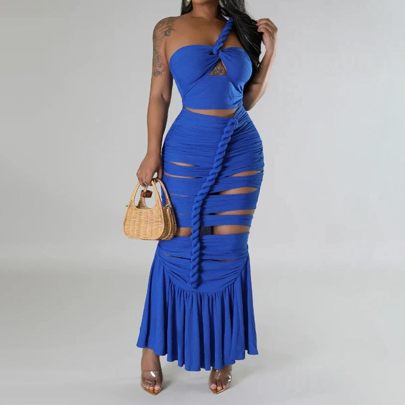 LOVERCCR Summer New One-Shoulder Hollow Design Twist Pleated Slim Slimming Bandage One-Piece Dress Women's Formal Dress