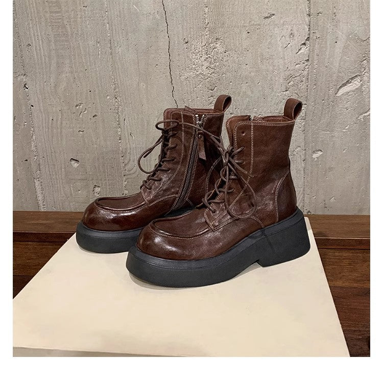 2025 Cowhide version~ Grape mother has the same autumn and winter new round head leather heightened thick bottom lace-up side zipper Martin boots for women