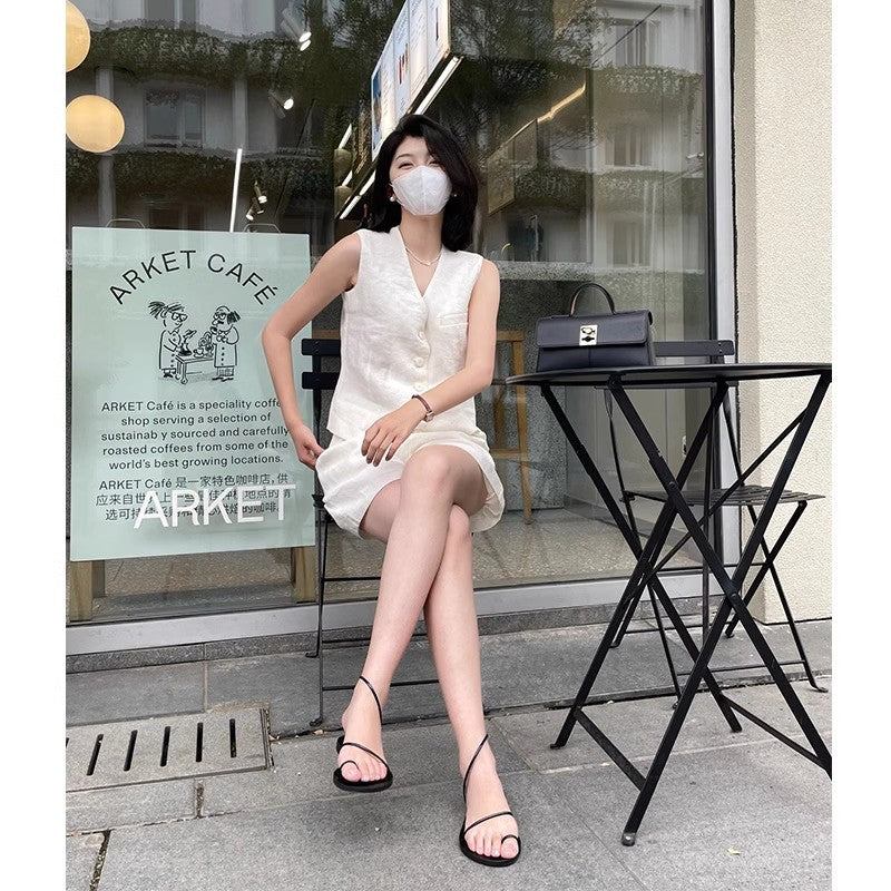 White cotton and linen vest suit women's summer 2025 new fashion temperament capable fragrant top shorts two-piece set