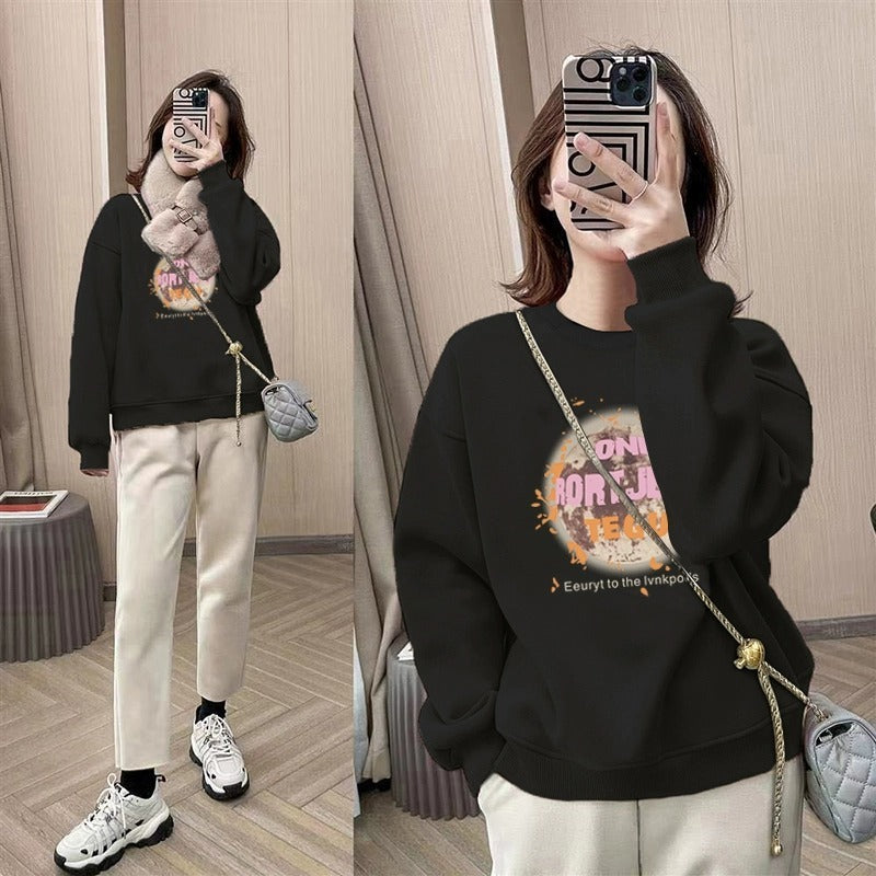 spring and autumn Korean version of fashion small round neck pullover fleece sweater long sleeve loose tide ins style top