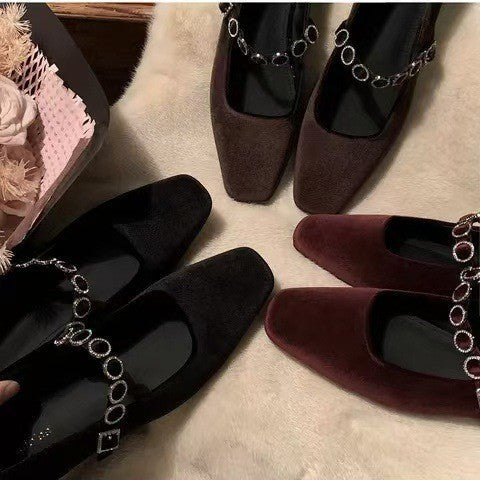 2025 Sheepskin version~ Grape mother square head shallow mouth high heels one-word diamond belt versatile commuter Mary Jane single shoes women