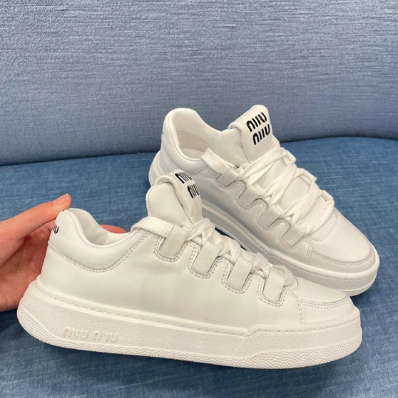 loveccr Mu's Genuine Leather Thick-Soled Distressed Sneakers Spring and Summer New Lace-up Casual Shoes Women's Dirty White Shoes
