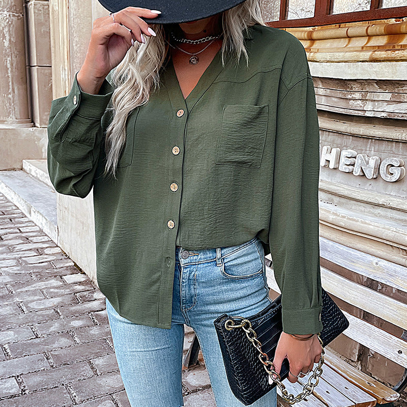 LOVECCR Hot autumn new foreign trade 2025 cardigan shirt lapel pocket casual commuter shirt women