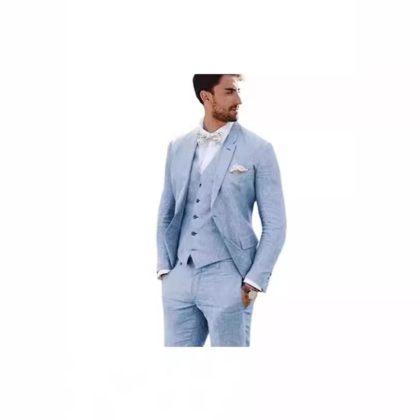 LOVECCR Men's Linen Slim Fit Suit Wedding Western Slim Fit 3 Piece Set Groom Swallowtail Best Men's Prom Suit
