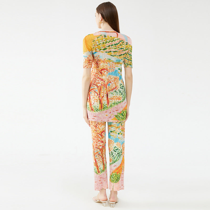 spring niche temperament tree-painted printing small V-neck short-sleeved top women's casual trousers pleated suit women's