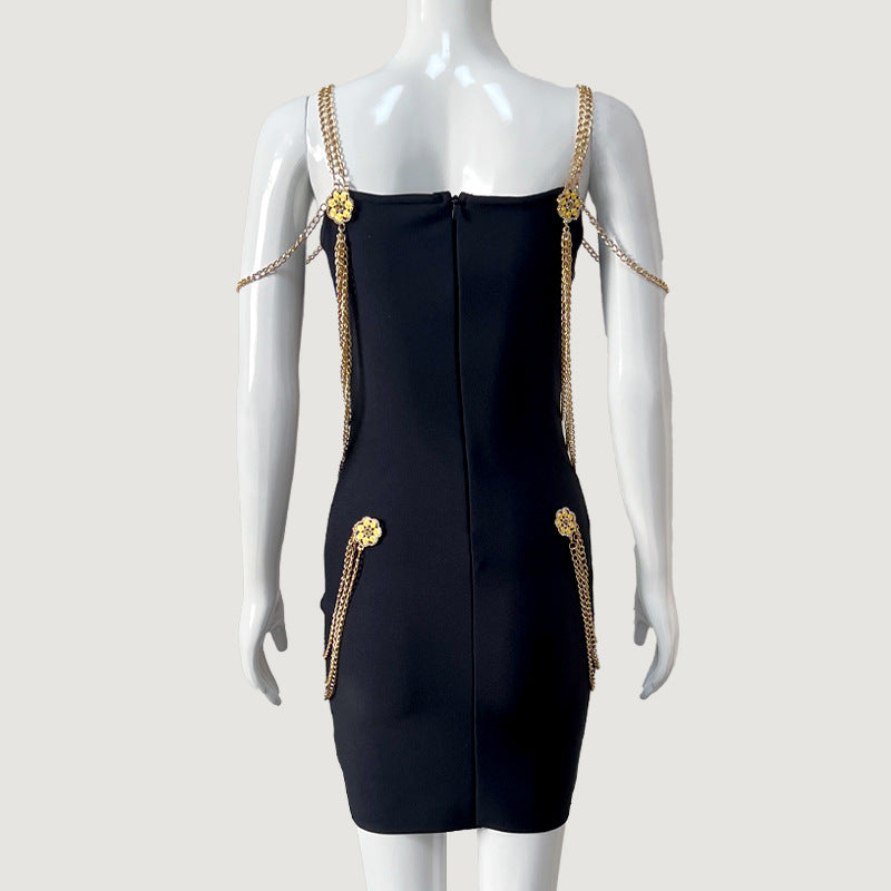 LOVECCR European and American Tide Brand Women's Clothing Dress High Quality Heavy Industry Gold Chain Sexy Bandage Evening Dress
