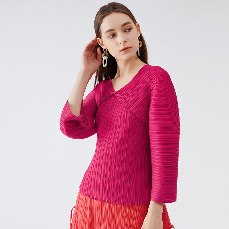 Miyake long-sleeved t-shirt women's spring new Korean version slim-fit split top hollow bottoming shirt women's clothing