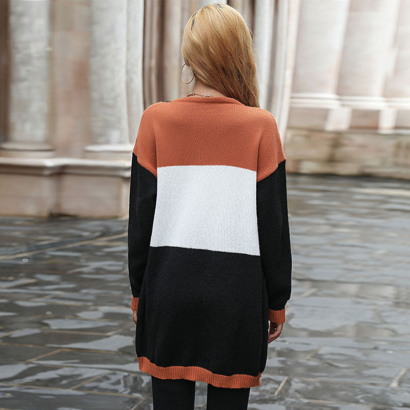 LOVECCR New New Autumn and Winter Women's Clothing Long Pocket Design Contrast Color Sweater Knitted Cardigan Jacket
