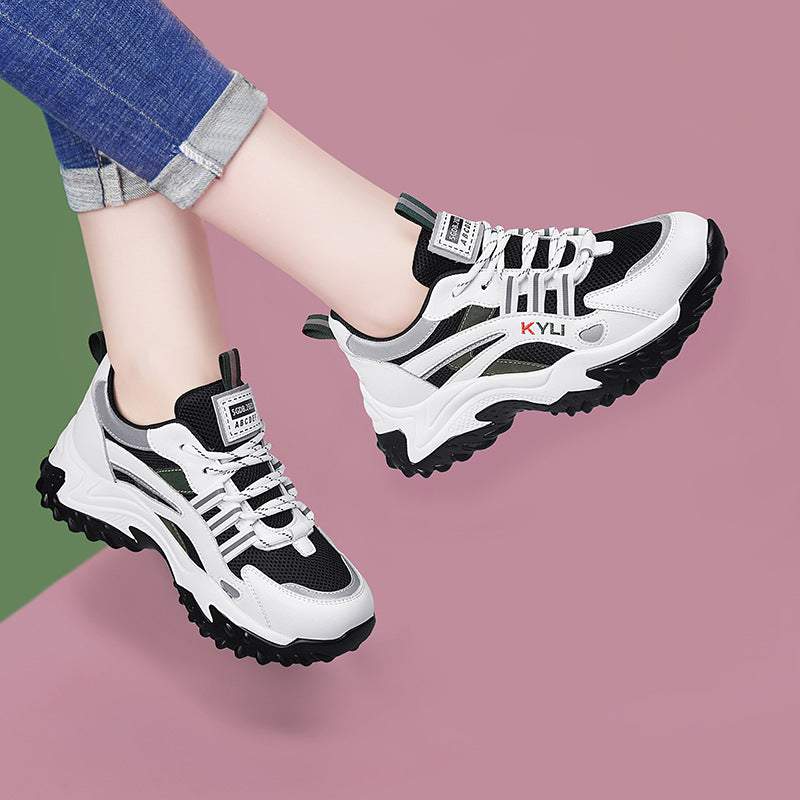 loveccr Dunhu Authentic Leather Clunky Sneakers Women's Thick Bottom Spring New Flying Woven Women's Shoes Casual Sneaker Korean Style 58306