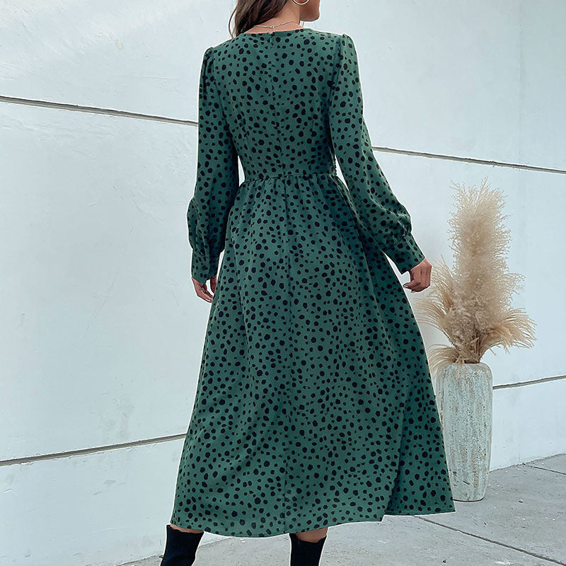 LOVECCR Hot autumn 2025 medium and long skirts commuter V-neck kinked leopard print dress