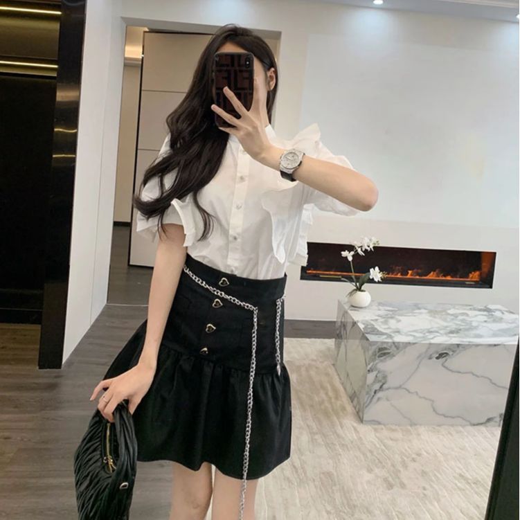 New small white ruffle edge thin pleated top high waist pleated A word short skirt two-piece set L5026