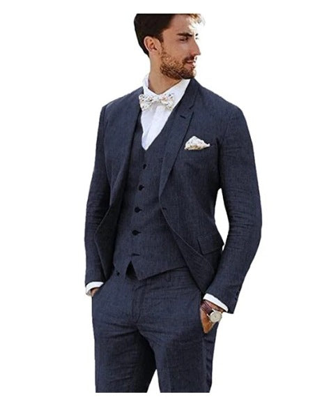 LOVECCR Men's Linen Slim Fit Suit Wedding Western Slim Fit 3 Piece Set Groom Swallowtail Best Men's Prom Suit