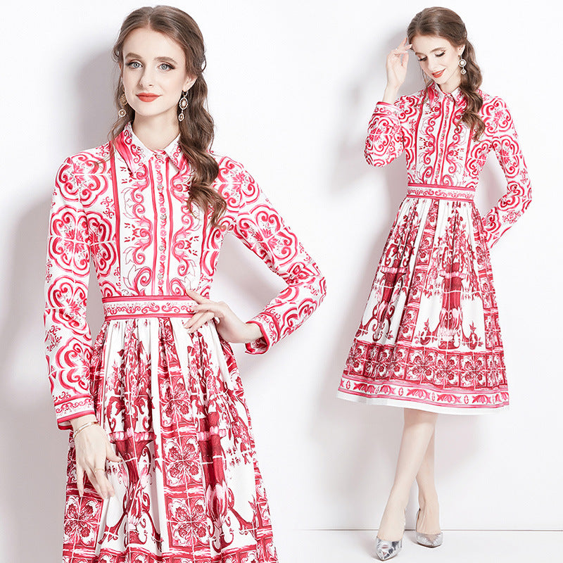 Retro court style light luxury temperament long sleeve lapel waist celadon printed a-word dress elegant dress long dress