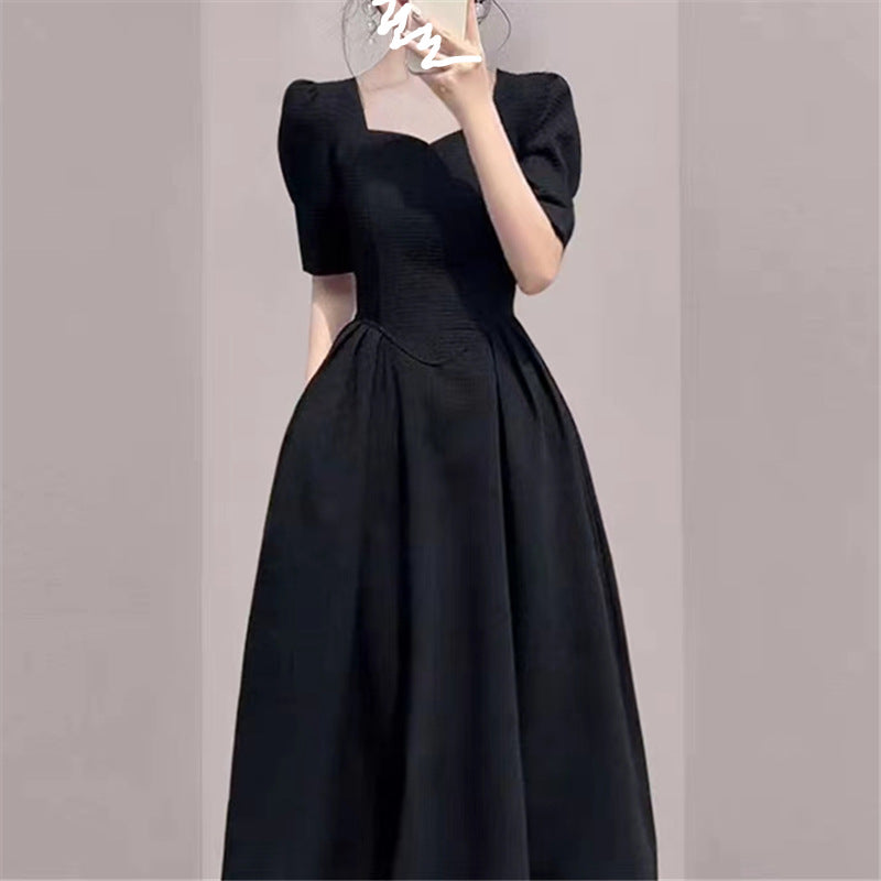 Elegant Hepburn Style High Sense Square Collar Dress Summer New Women's Clothing Western Style Waist-Slimming Puff Sleeve Skirt
