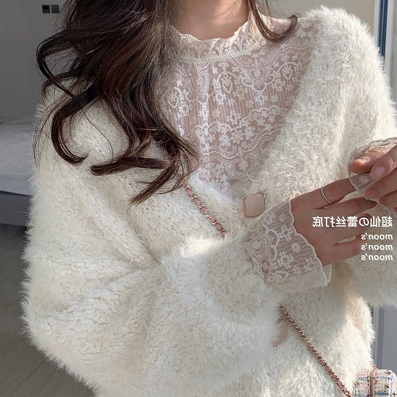 Autumn and winter new Popular-style shirt women's semi-turtleneck embroidered flower exquisite inner lace shirt super fairy mesh bottoming top