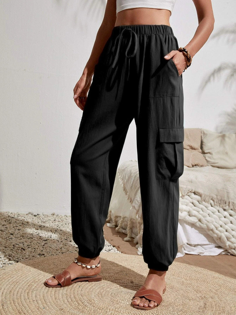 2025 Tiktoktemu women's clothing spring and summer new versatile solid color pocket casual tooling women's pants