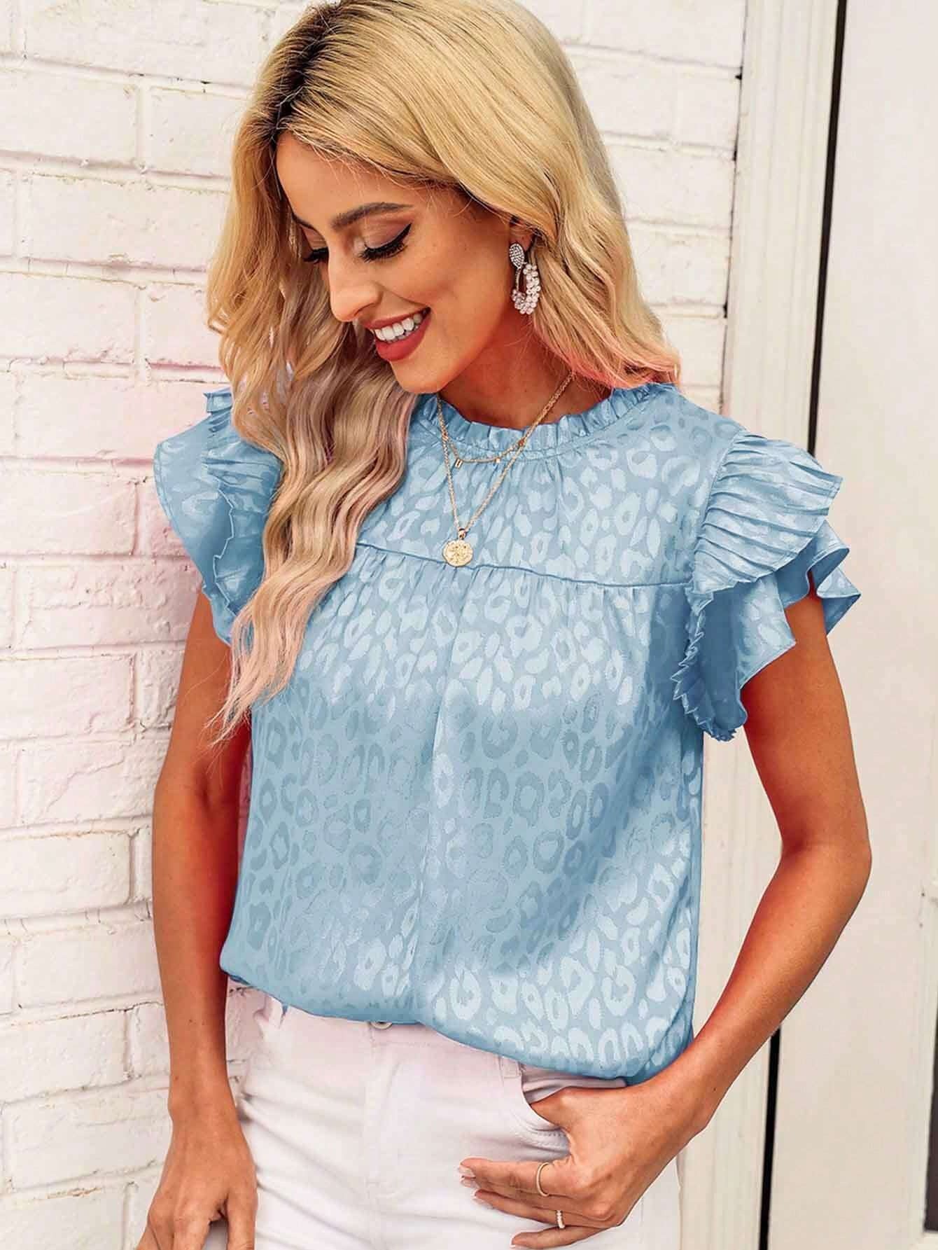 2025 Popular, , New women's clothing summer new fashion versatile printed lotus leaf sleeve wavy collar women's top