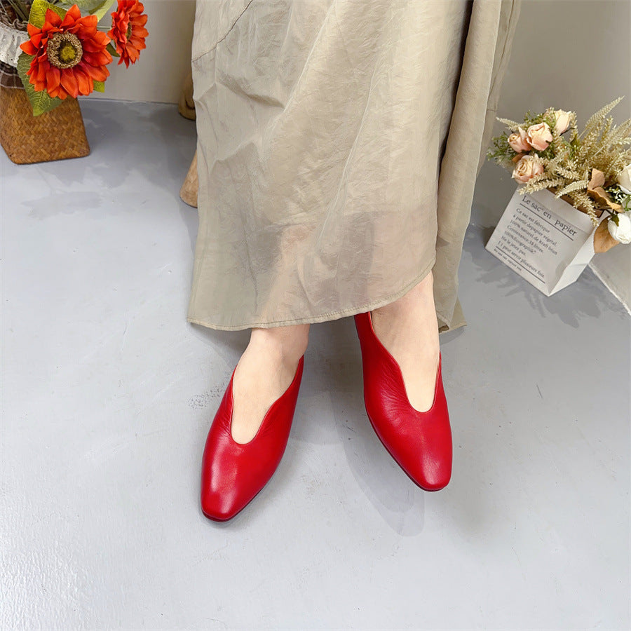 loveccr Women's Leather Shoes Princess Pavilion Summer New Retro Genuine Leather Stylish Pumps Women's Flat Heel