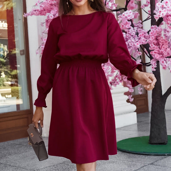 2025 Burgundy round neck lantern sleeve high waist pullover dress popularwildberries spring hot new product women