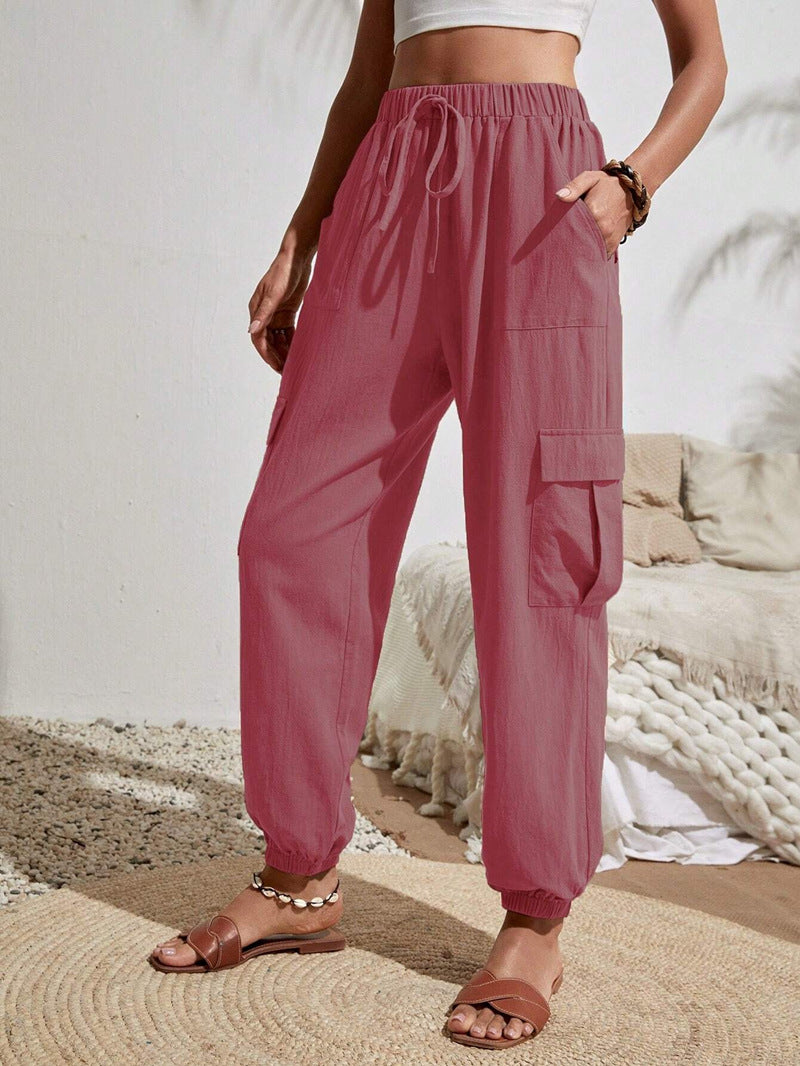 2025 Tiktoktemu women's clothing spring and summer new versatile solid color pocket casual tooling women's pants