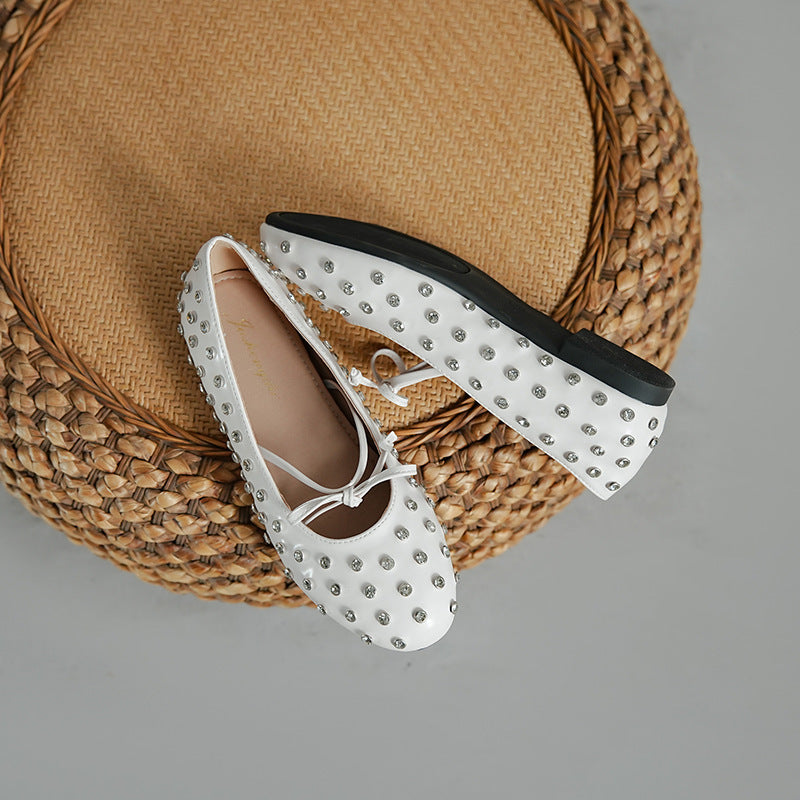 2025 Sheepskin version~ ins style new retro round head versatile one-pedal commuting loafers temperament rhinestone flat shoes