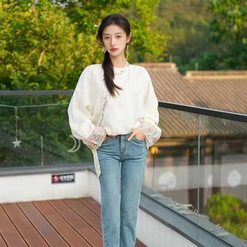 popular New Chinese-style retro diagonal placket buckle cuffs embroidered loose and thin silk top women's M5081