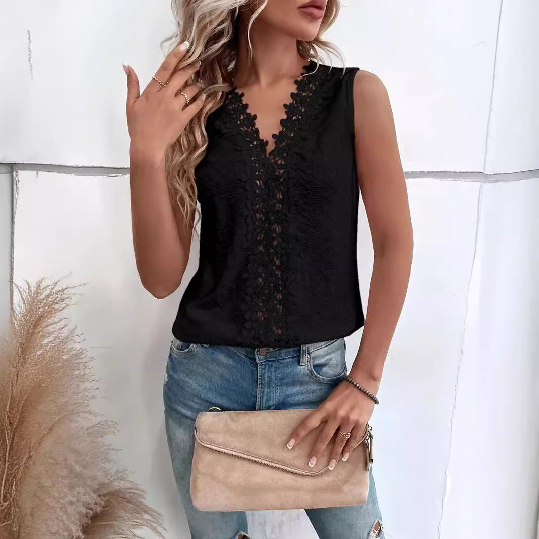 2025 Popular, , Popular trade New women's clothing summer new V-neck splicing hollow lace vest T top women