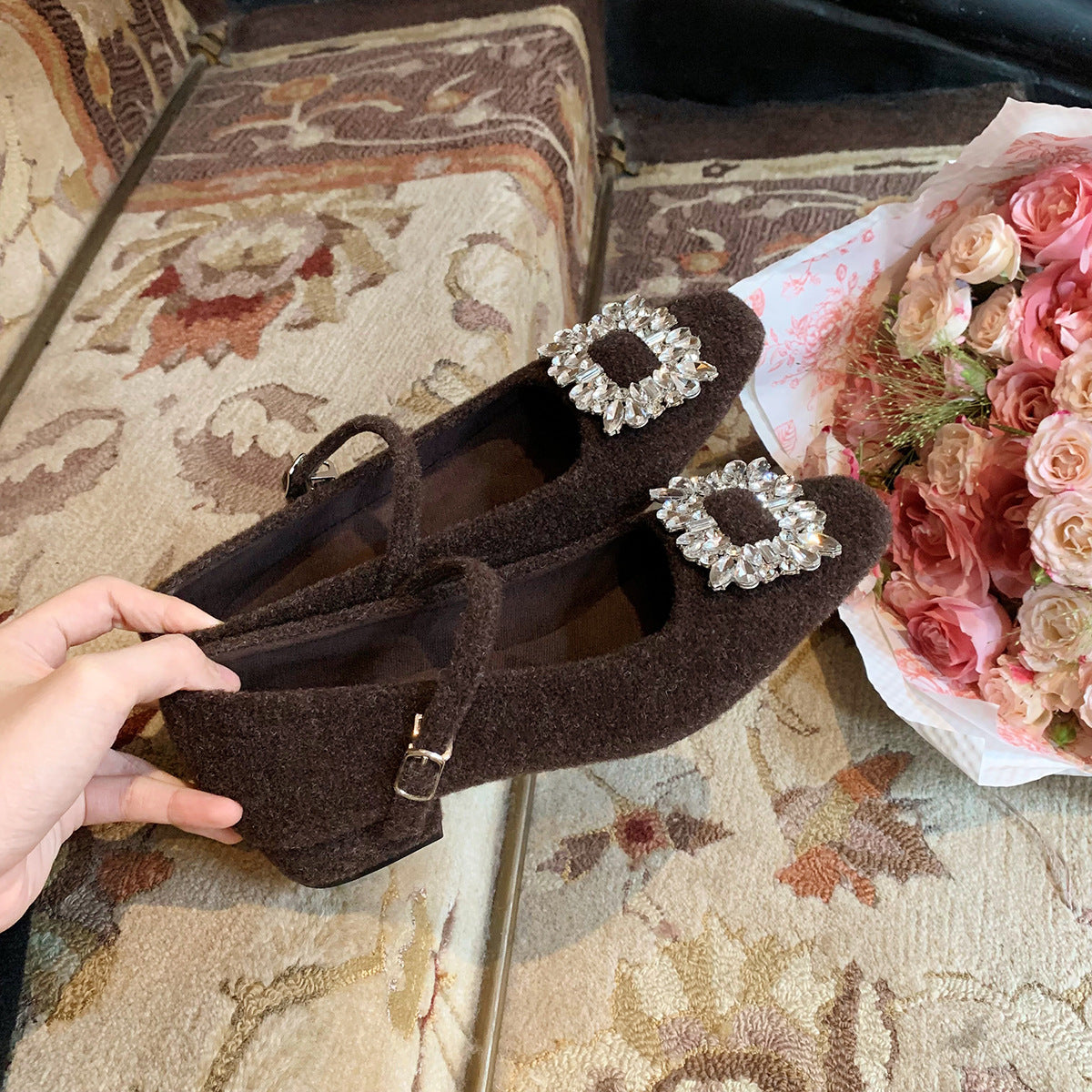 2025 2025 new autumn and winter velvet Mary Jane fluffy shoes thick heel high heel black square head rhinestone single shoes women's shoes