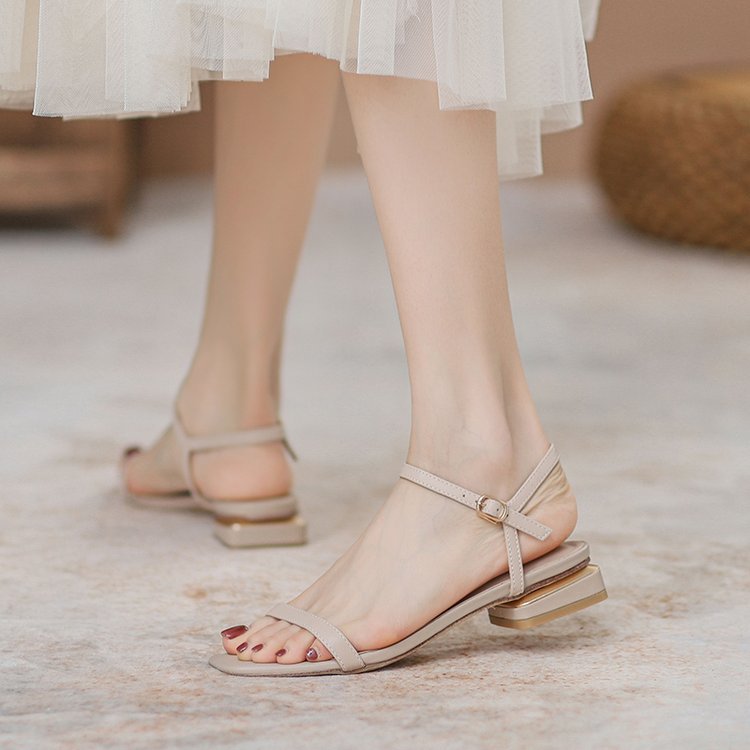 loveccr Women's Chunky Heel Sandals with Buckle Strap New Minimalist Open Toe Fairy Style Mid Heel Roman Women's Shoes