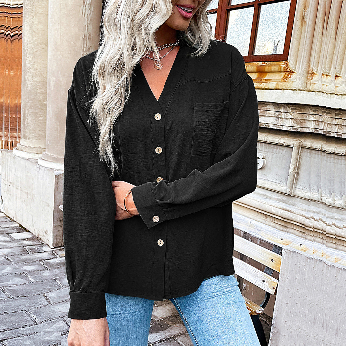 LOVECCR Hot autumn new foreign trade 2025 cardigan shirt lapel pocket casual commuter shirt women