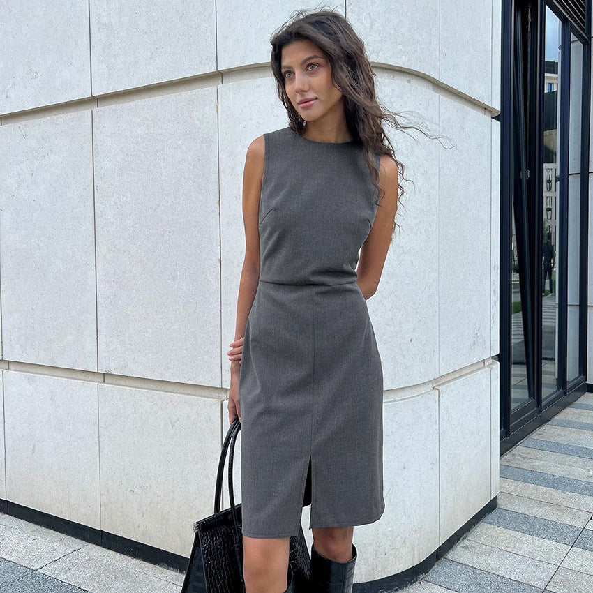 2025 Grey round neck sleeveless sexy split dress new autumn fashion Popular trade commuter skirt women