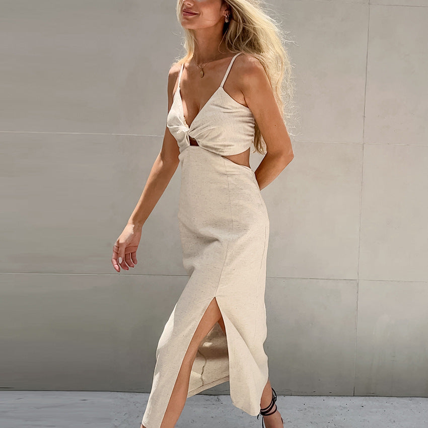 2025 ins fashionable sexy Spice Girl V-neck suspender backless split dress summer new New women's clothing