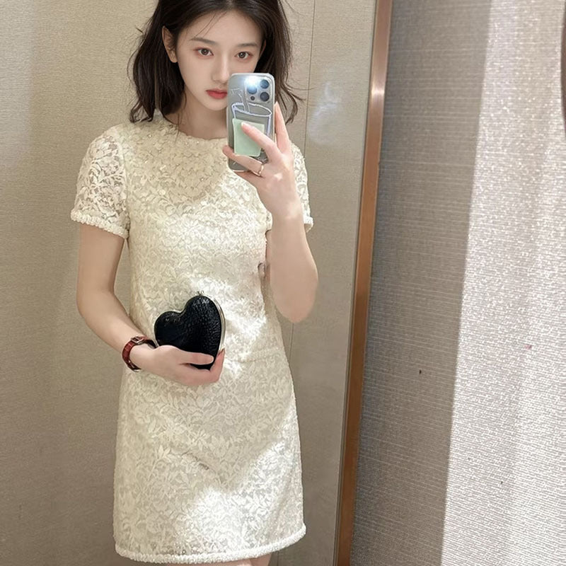 summer new white sequined dress temperament high sense light luxury niche design skirt M4048