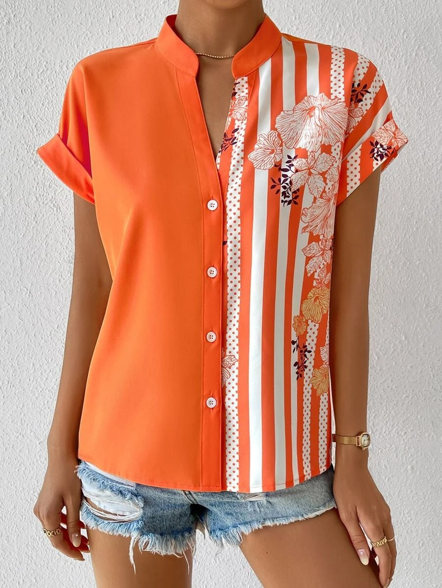 2025 Popular, , New women's clothing summer new double-spell contrasting color flower button cardigan short-sleeved shirt women