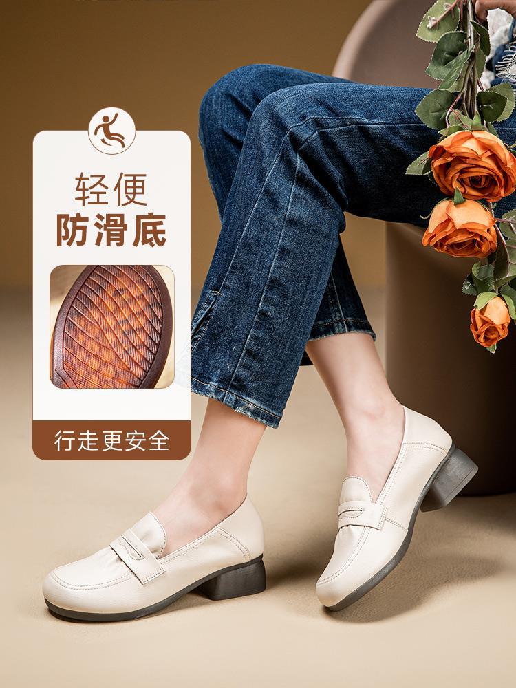loveccr Spring and Autumn Middle-Aged Brand Soft Bottom Mom Shoes Genuine Leather Mid-Comfortable Women's Shoes Middle-Aged and Elderly Heel Shoes Leather Shoes Non-Slip