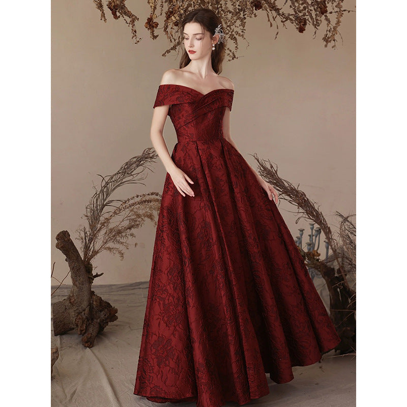 LOVERCCR off-Shoulder Printed Satin Toast Dress New Bride Marriage Engagement Hepburn Style High-End Evening Dress