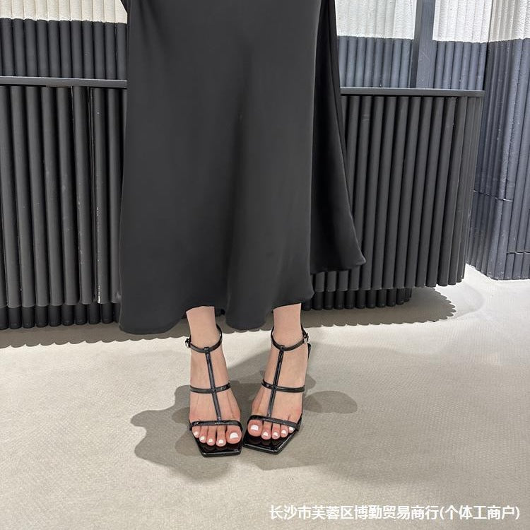 loveccr South Korea Roman Shoes Summer New Square Toe Open Toe Stiletto Heel Sexy Fashion Women's Sandals Thin Cross Straps