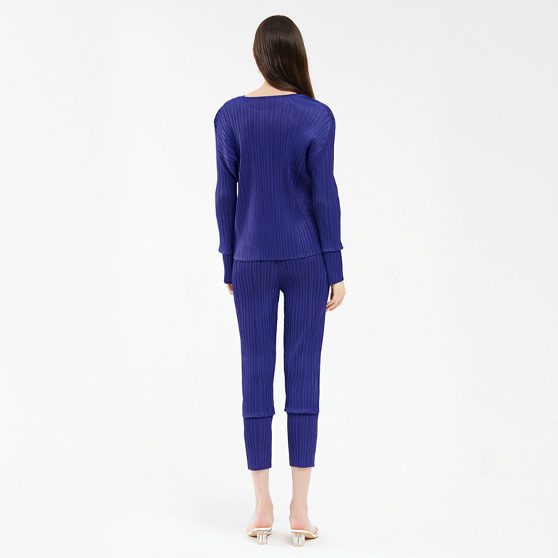 spring new women's clothing splicing casual suit long-sleeved top fashion versatile pants two-piece set women