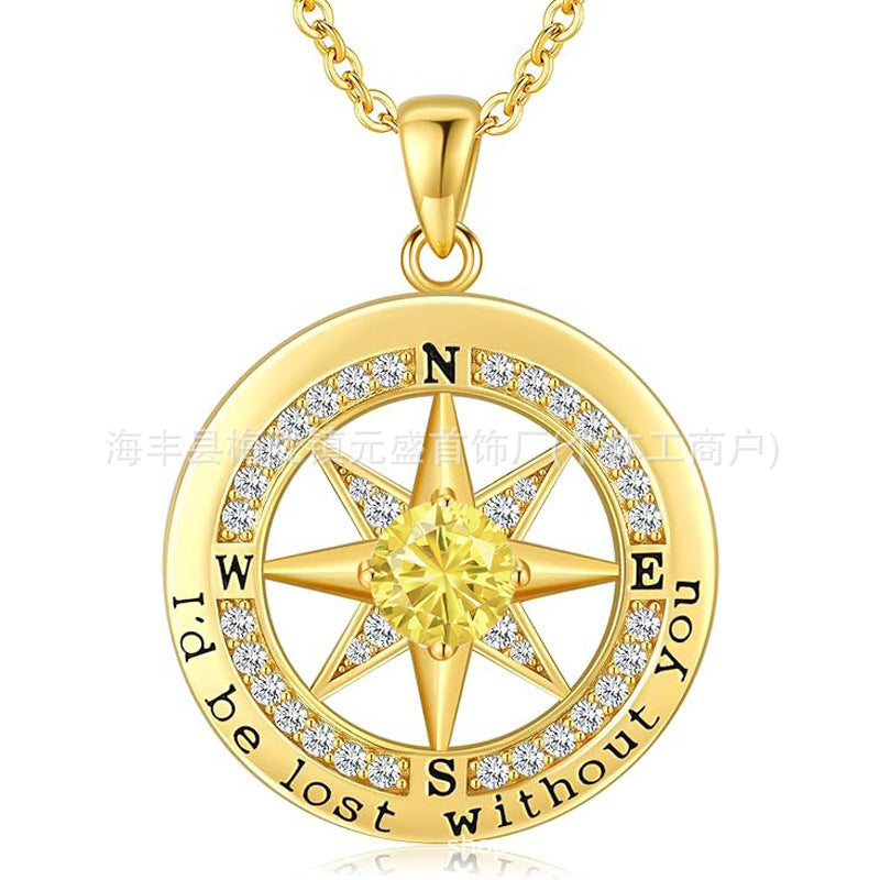 HOT and NEW Cross Border S925 Sterling Silver Compass Compass Necklace Female Twelve Birthstone Pendant Clavicle Chain