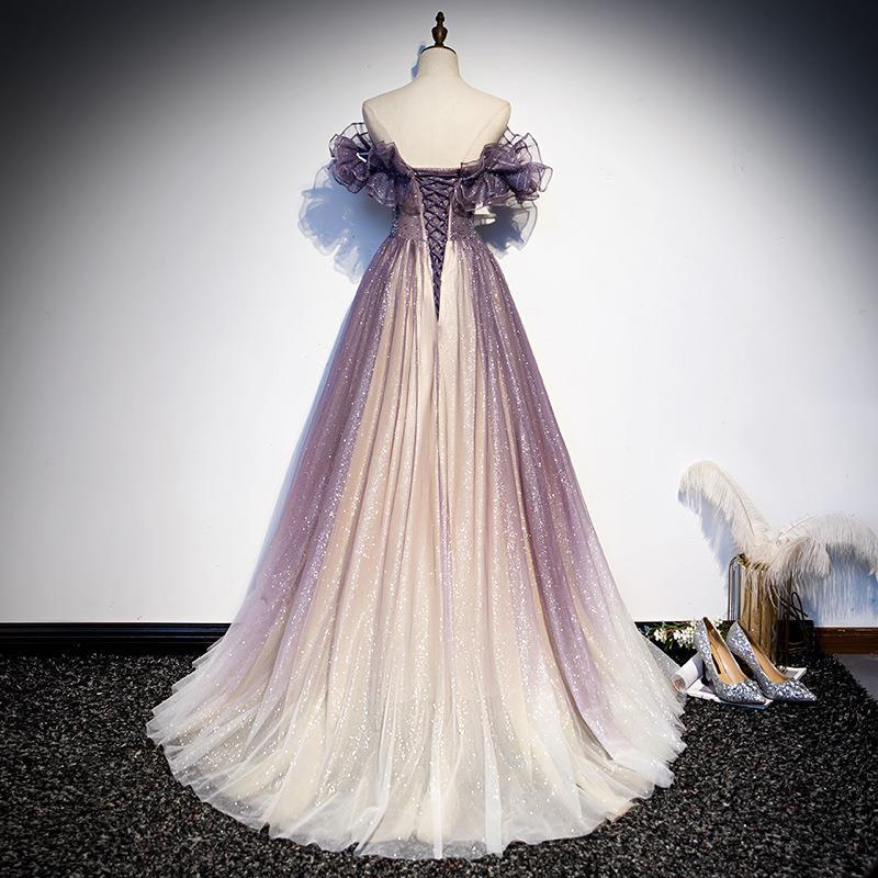 LOVECCR Purple Evening Dress New Summer Women's off-Shoulder Elegant Graceful Long Chorus Costume Dress
