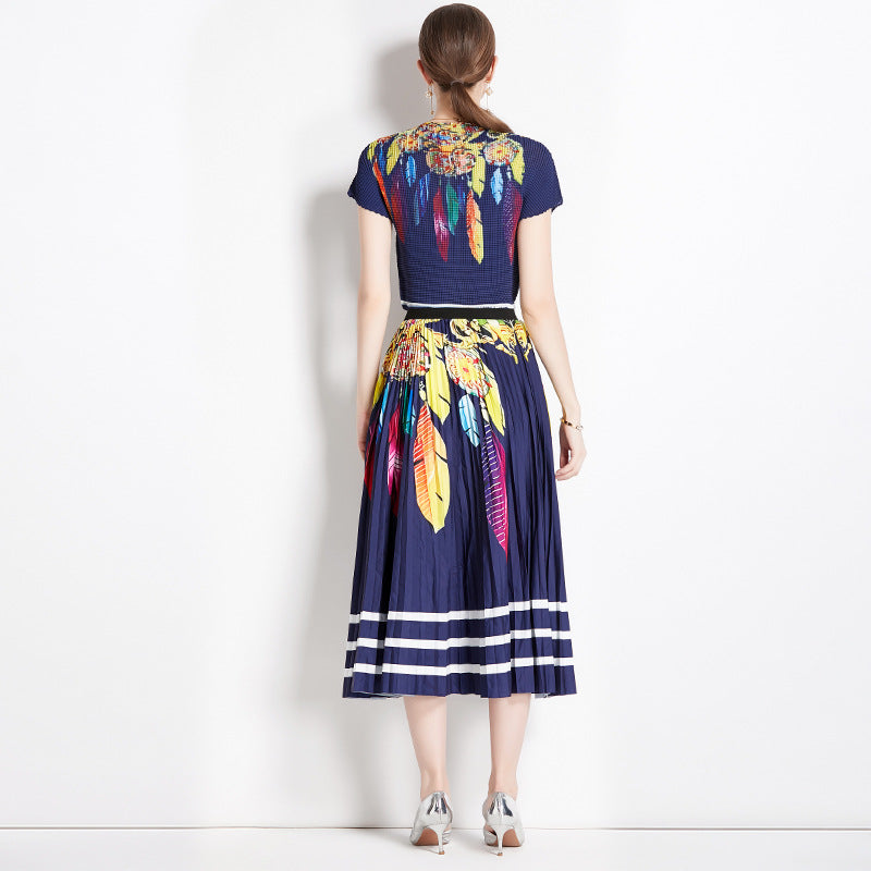 new pleated suit women's short-sleeved printed T-shirt skirt fashion temperament two-piece suit women